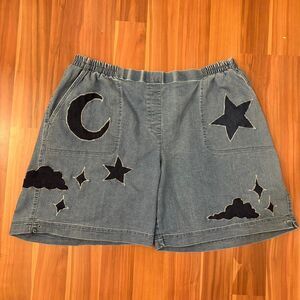 celestial stars and moon sky witchy patchwork denim jorts